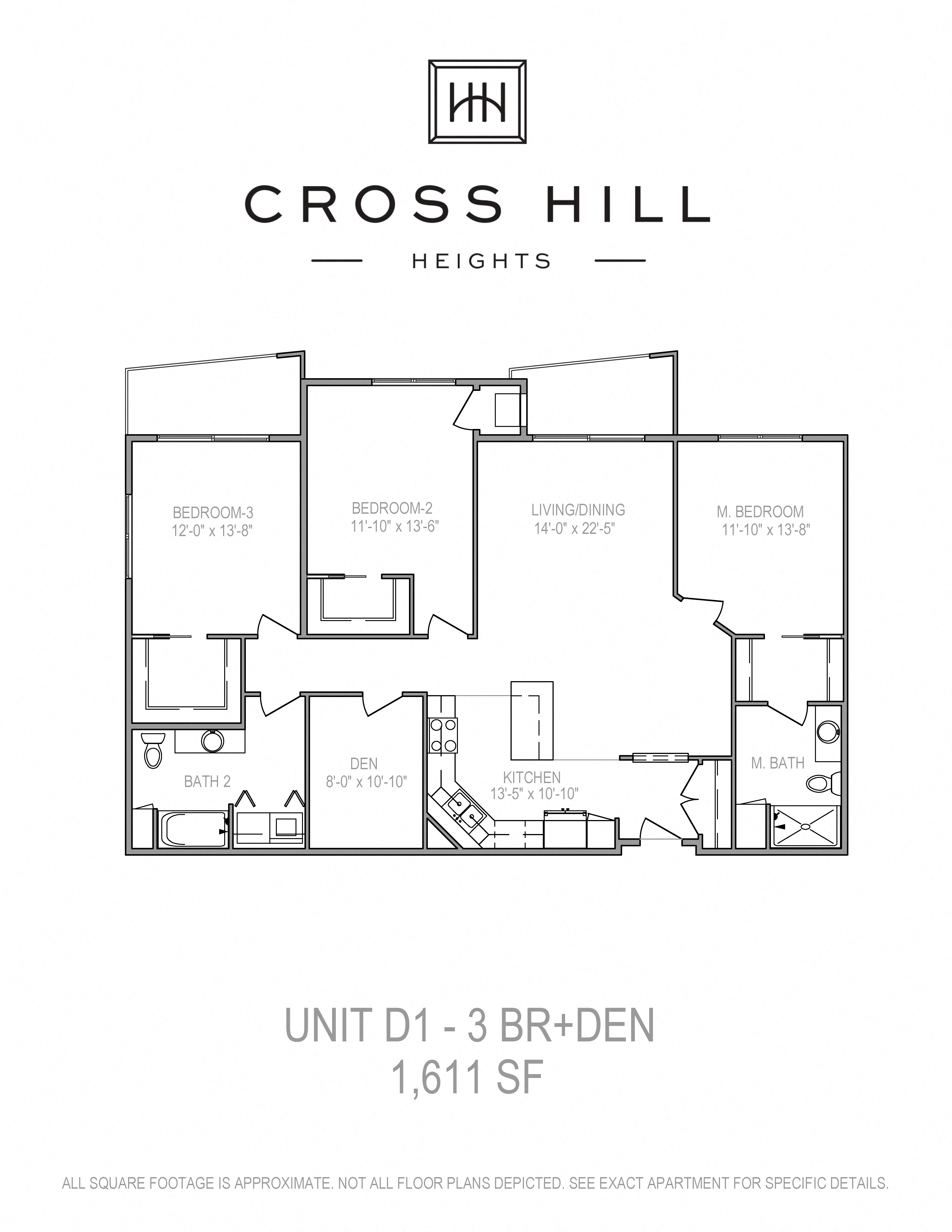 Floor plan for 3 beds, 2 baths, 1611 sqft
